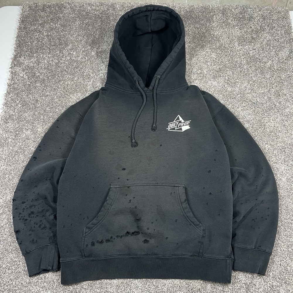 Vintage 90s Faded Black Distressed Thrashed Hoodie Mens Medium Skate Surf Obey